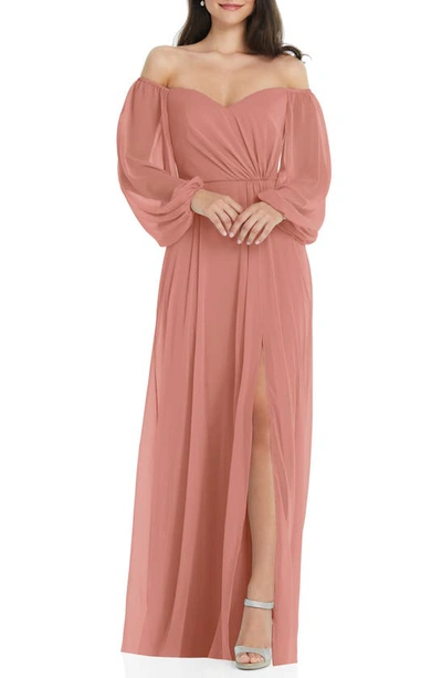 Dessy Collection Convertible Neck Long Sleeve Chiffon Gown In Desert Rose