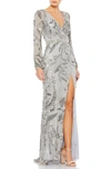 Mac Duggal Sequined Faux Wrap Split Long Sleeve Gown In Platinum