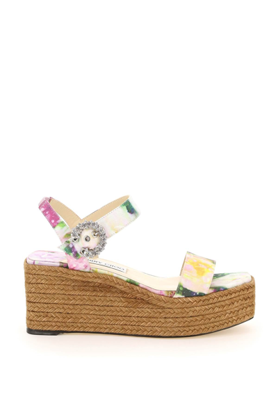 Jimmy Choo Mirabella 70mm Fabric Crystal-buckle Platform Wedge Espadrille Sandals In Pink,white,green,beige