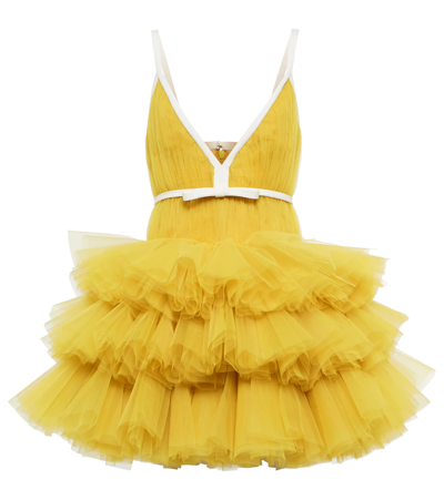 Giambattista Valli V-neck Ruffled Tulle Minidress In Yellow Gold