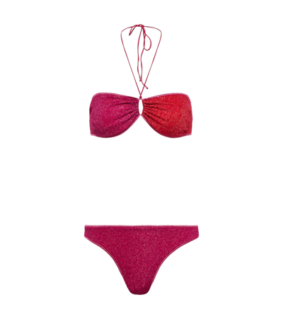 Oseree Lumiere Bi-color Bandeau Bikini Set Red And Fuchsia In Pink