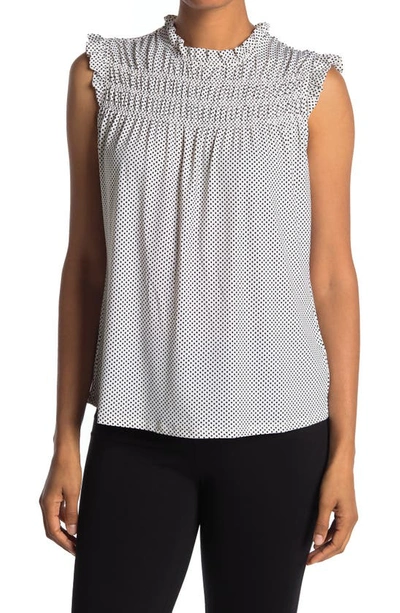Adrianna Papell Printed Ruffle High Neck Top In Ivory Black Small Dots