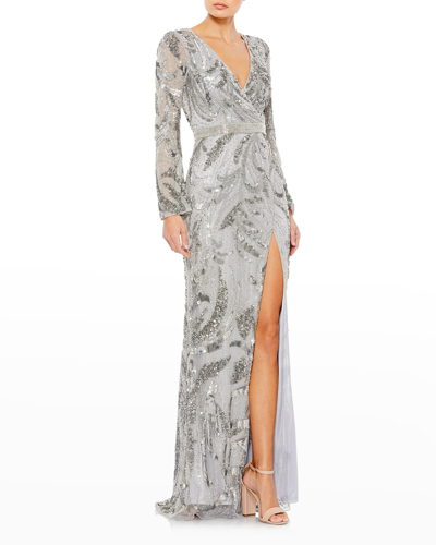 Mac Duggal Long-sleeve Beaded Sequin Gown In Platinum