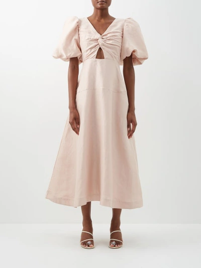 Aje Dusk Knot Cutout Puff Sleeve Linen Blend Midi Dress In Pink