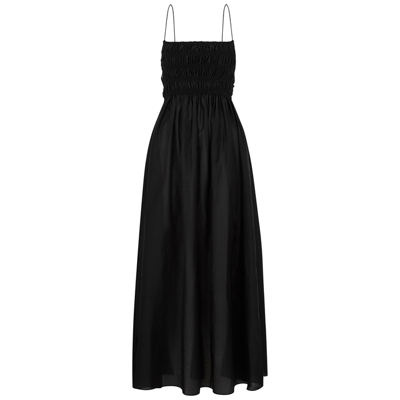 Matteau Shirred Organic Cotton And Silk-blend Midi Dress In Black