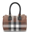 Burberry Dark Birch Brown Chk Check-print Mini Woven And Leather Top-handle Bowling Bag In Dark Birch Brown Check