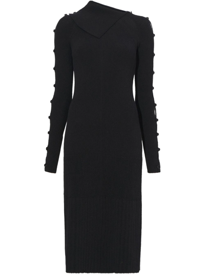 Proenza Schouler Button Keyhole-sleeve Rib Midi Dress In Schwarz