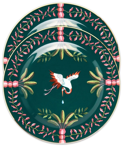 La Doublej Egret Set Of Two Dessert Plates In Green