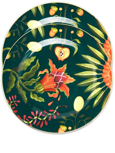 La Doublej Dragonfruit-print Set Of Two Dessert Plates In Green