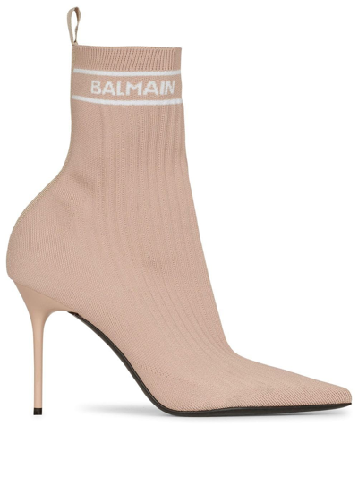 Balmain Skye Logo-jacquard Stretch-knit Sock Boots In Beige