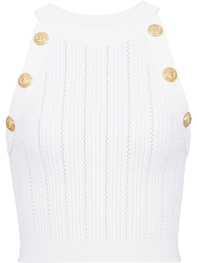 Balmain Button-embellished Cropped Halterneck Top In White