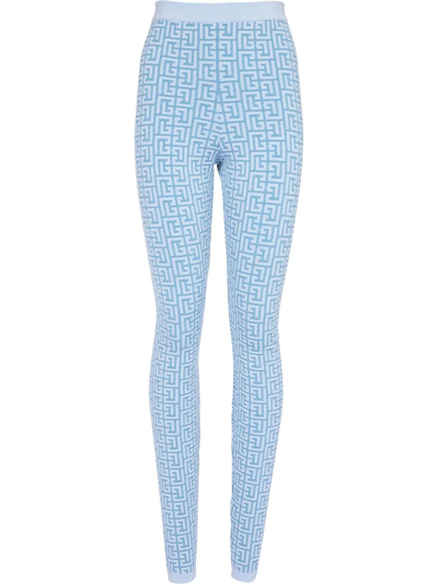 Balmain Monogram Pattern Knitted Leggings In Bleubleu Pale