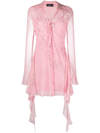 Blumarine Short Pink Dress In Printed Silk With Ruffles And Long Sleeve In Rosa