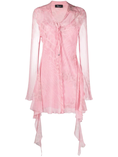 Blumarine Short Pink Dress In Printed Silk With Ruffles And Long Sleeve In M1268 Flamingo Pink/