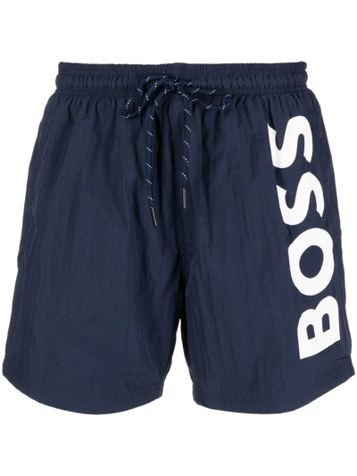 Hugo Boss Quick-drying Swim Shorts With Contrast Logo In Blue