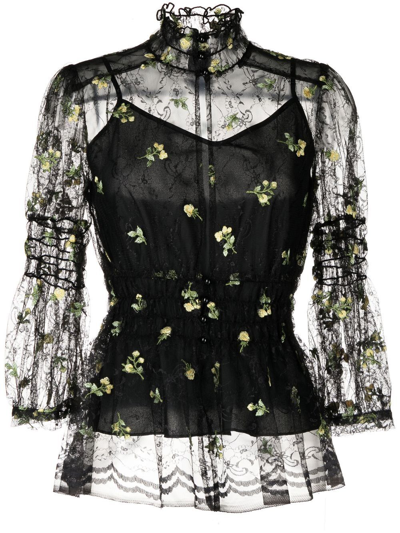 Anna Sui Floral-embroidered Lace Blouse In Schwarz