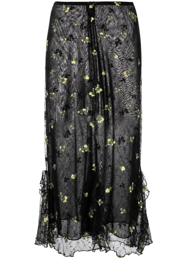 Anna Sui Floral-embroidered Lace Midi Skirt In Schwarz