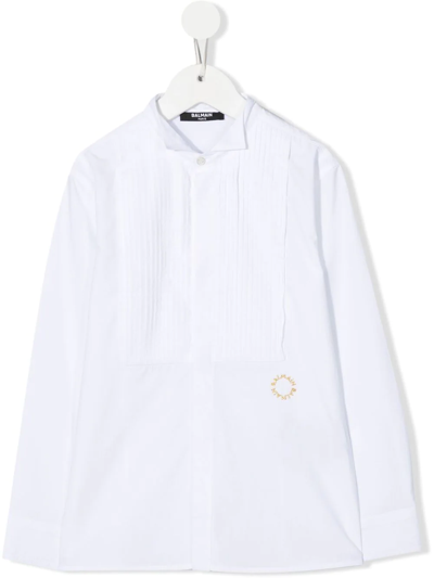 Balmain Kids' Pleated Bib-front Tuxedo Shirt In Weiss