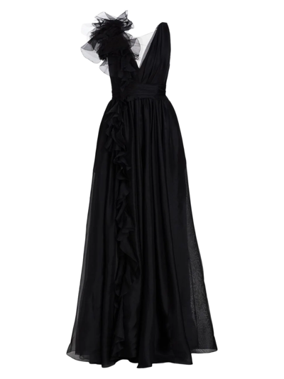 Marchesa Rouched Floral Detail Gown In Black
