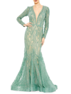 Mac Duggal Beaded Illusion Gown In Sage Green