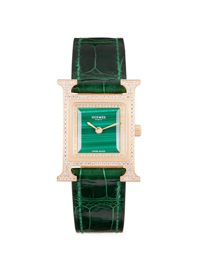 Hermes Women's Heure H 25mm 18k Rose Gold & Diamond Alligator Strap Watch
