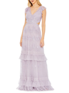 Mac Duggal Sequined Ruffled Cap Sleeve Cut Out Tiered Gown In Lilac