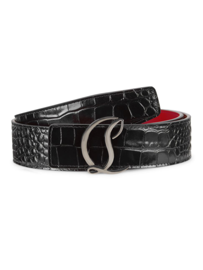 Christian Louboutin Men's Cl Logo Croc Embossed Belt In Black Loubi