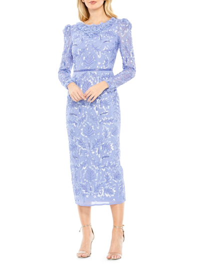 Mac Duggal Embellished High Neck Puff Sleeve Midi Dress In Periwinkle