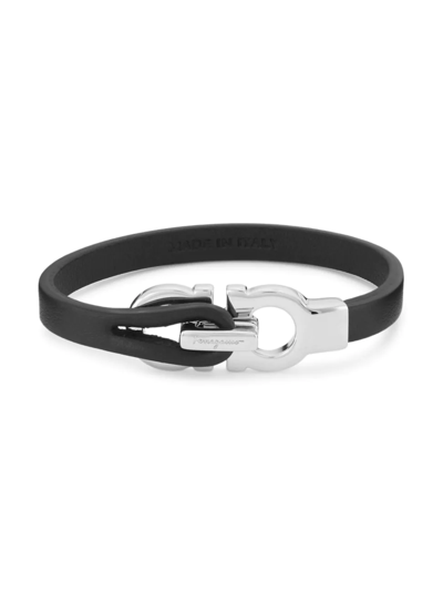 Ferragamo Men's Logo Brass & Leather Bracelet In Black Silver