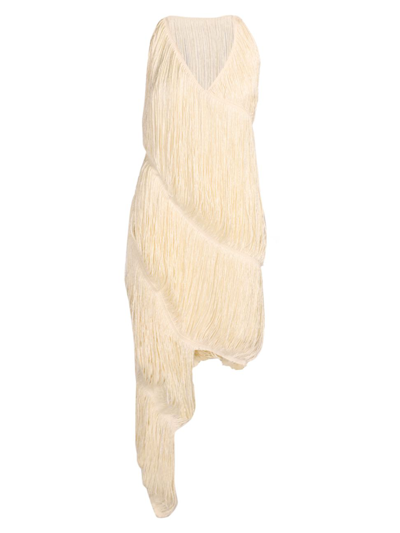 Loewe Sleeveless Asymmetric Fringe Dress In Ecru