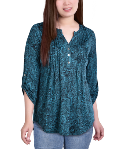Ny Collection Petite Knit Jacquard 3/4 Sleeve Roll Tab Pintuck Top In Teal Whisper