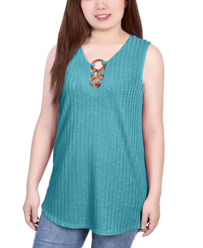 Ny Collection Petite Size Sleeveless Ribbed Top With Triple Rings In Teal