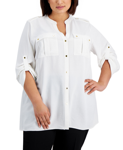 Calvin Klein Plus Size Textured Roll Tab Button Down Shirt In Soft White