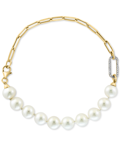 Effy Collection Effy Cultured Freshwater Pearl (7-1/2mm) & Diamond (1/10 Ct. T.w.) Paperclip Bracelet In 14k Gold In Yellow Gold