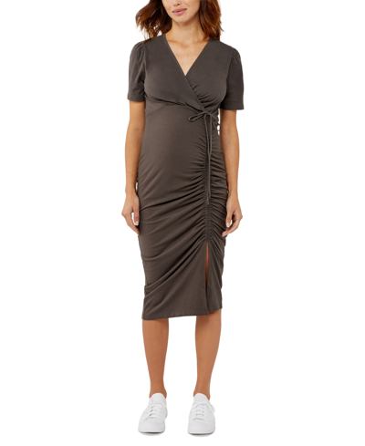 A Pea In The Pod Cinched Surplice Slit Detail Maternity Dress In Raven