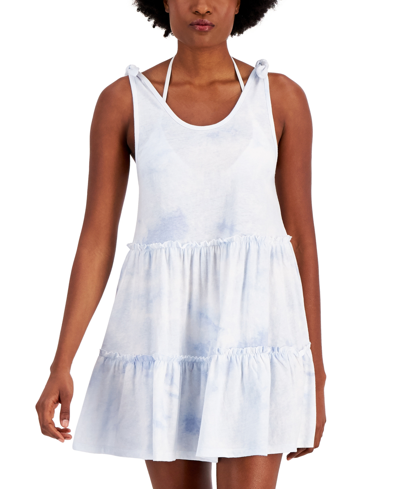 Miken Juniors' Cotton Tie-dye-print Tiered Cover-up Dress, Created For Macy's Women's Swimsuit In White/hydrangea