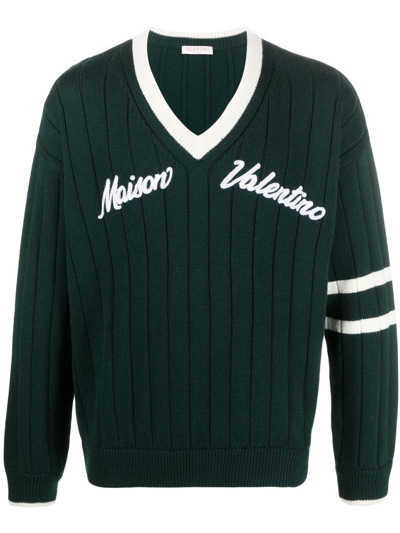 Valentino Varsity Logo-embroidered Wool-knit Jumper In Green