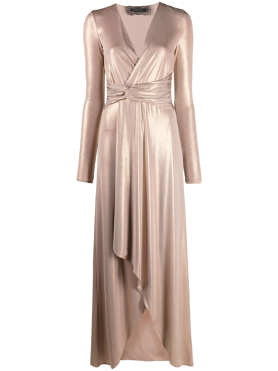 Patrizia Pepe Long Laminated Jersey Dress With Knot Detail In Gold