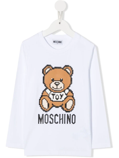Moschino Kids' Pixel Logo-print T-shirt In Weiss