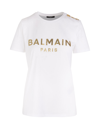 BALMAIN WOMAN WHITE T-SHIRT IN ECO-DESIGN COTTON WITH GOLDEN LOGO AND BUTTONS