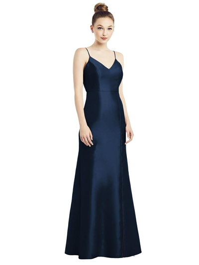 Alfred Sung Open-back Bow Tie Satin Trumpet Gown In Blue