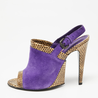 Pre-owned Bottega Veneta Tri-color Suede And Snakeskin Leather Slingback Sandals Size 39.5 In Purple