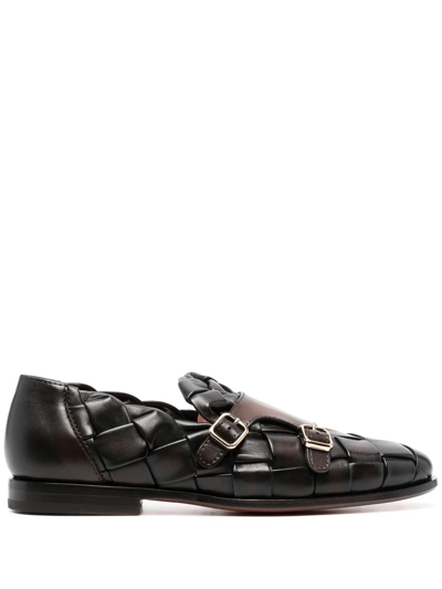 Santoni Double-monk Strap Woven Shoes In Brown