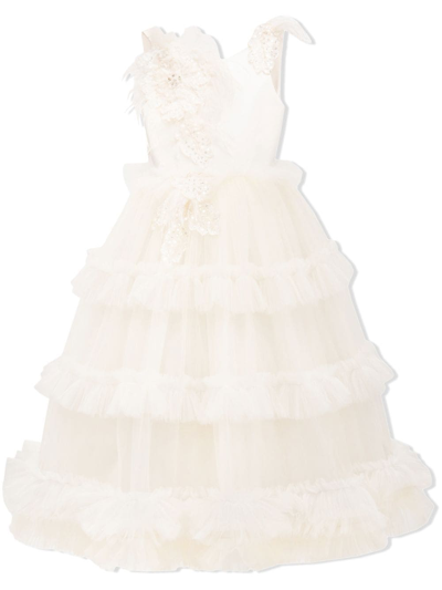 Tulleen Kids' Asymmetric Embellished Tulle Gown In Neutrals