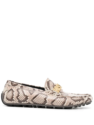 Moschino Men's Embossed Leather Logo Driving Loafers In Beige