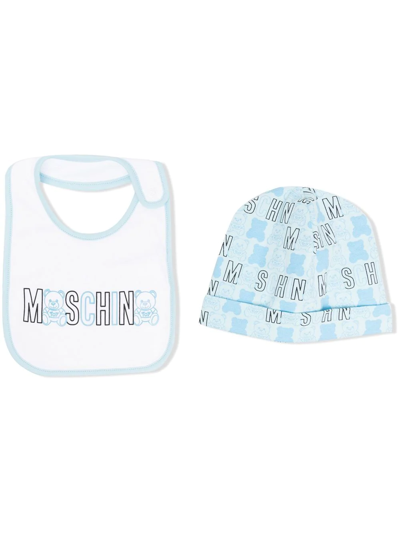 Moschino Babies' Logo印花棉套头帽套装 In Blue
