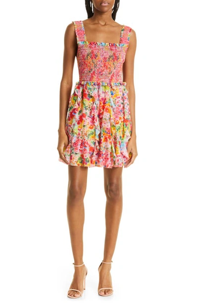 Alice And Olivia Jocelyn Smocked Floral-print Cotton And Silk-blend Voile Mini Dress In Multi-colour