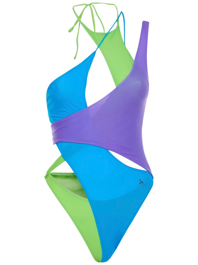 Attico Asymmetric Crystal-embellished Paneled Swimsuit In Multicolor