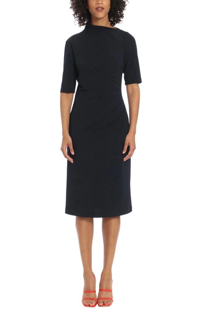 Maggy London Asymmetric Neck Sheath Midi Dress In Twilight Navy