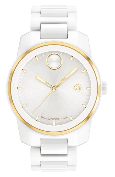 Movado Men's Swiss Bold Verso White Ceramic Bracelet Watch 42mm In Gold Tone / White / Yellow